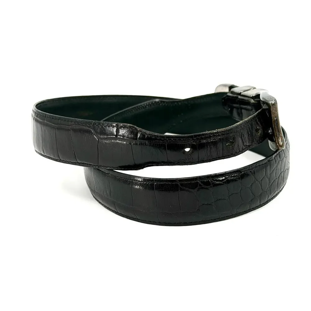 Vintage 90s Black Genuine Leather Croc Embossed Silver Tipped Belt
